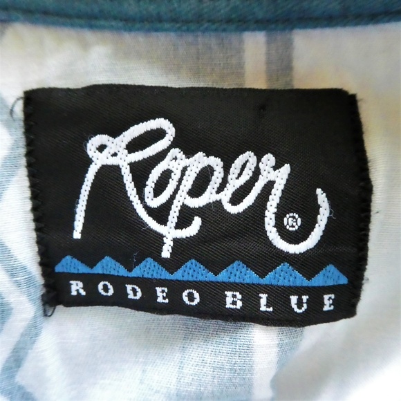 Roper Rodeo Blue Shirt Western Button Down Texas Aztec Peaked Yoke Flap XL Turq - Picture 7 of 8